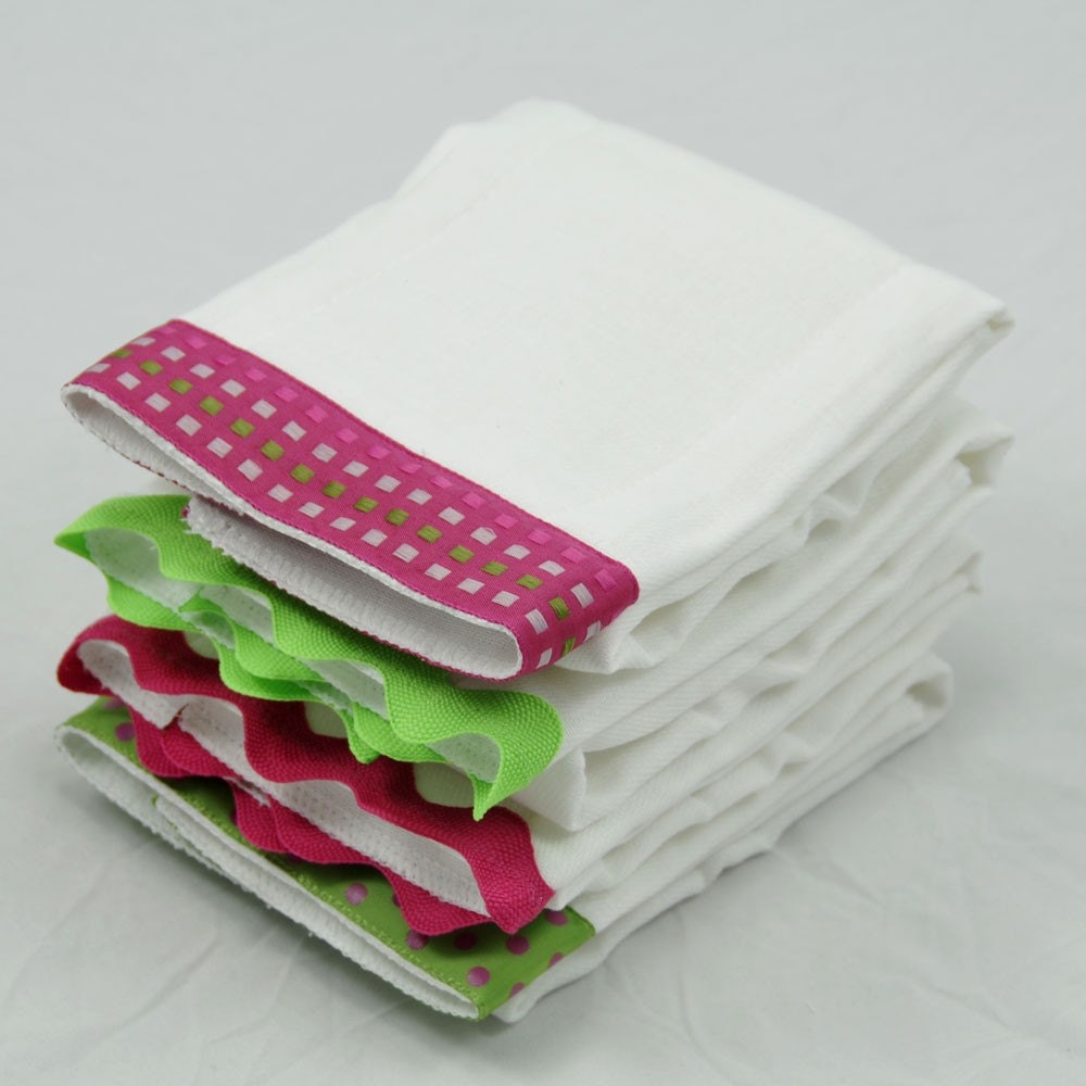 RASPBERRY Burp Cloth Bundle of Four, baby girl gift set of fuchsia and lime green coordinating burp cloths