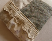 tweed and vintage lace zippered pouch - bronwyn fabric case