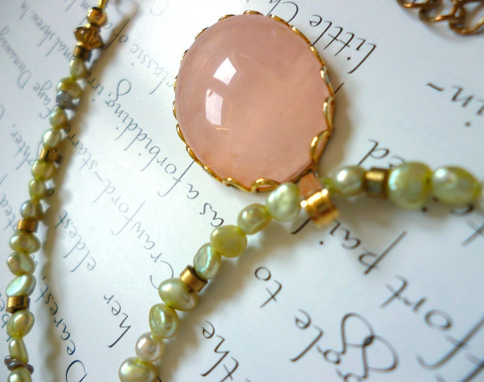 mint pearl and rose quartz necklace - edith necklace