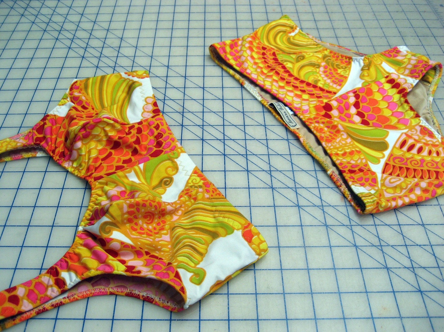 yellow, pink, orange and white fish scales retro two piece size M - last one in this color