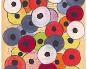 Poppies and Circles - Original Gouache Painting on Antique Book Paper