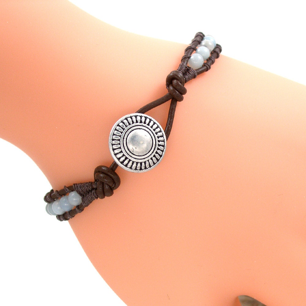 Brown Leather Wrap Bracelet with Amazonite Semi-Precious Beads, Single Wrap Leather