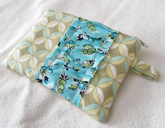 MINI. Blue Soft Petals Ruffled bag -coin purse & gift card holder. zipper pouch. -Ready to ship