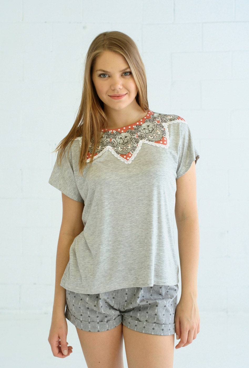 Cat print grey loose soft jersey top