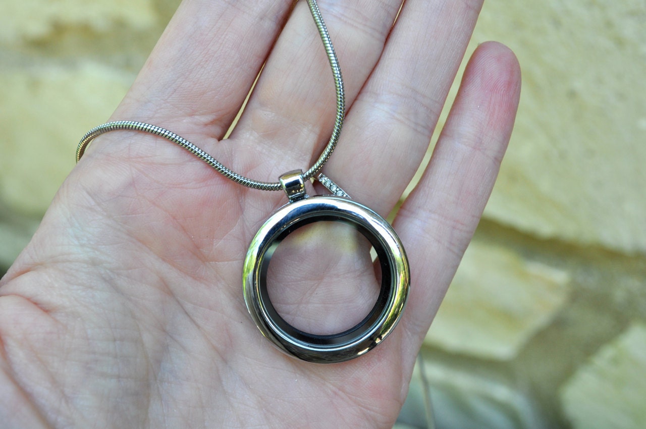 Empty Round Charm Locket Necklace Silver Clear