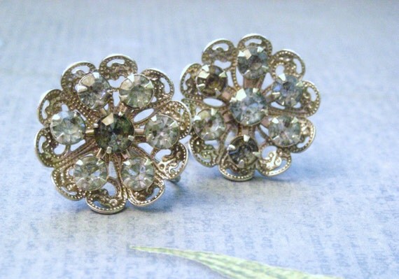 Vintage Screwback Silver and Light Blue Stone Filigree Earings CLEARANCE SALE