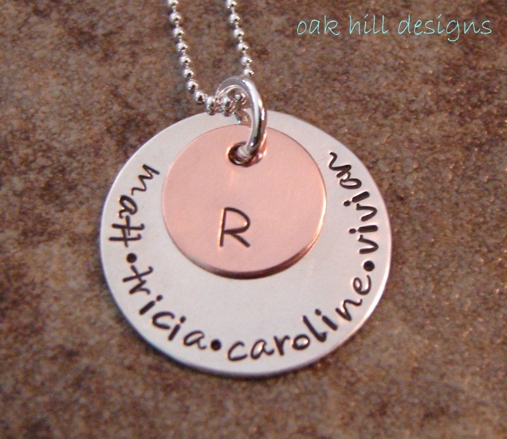 personalized hand stamped necklace-custom silver jewelry-mixed metal family circle