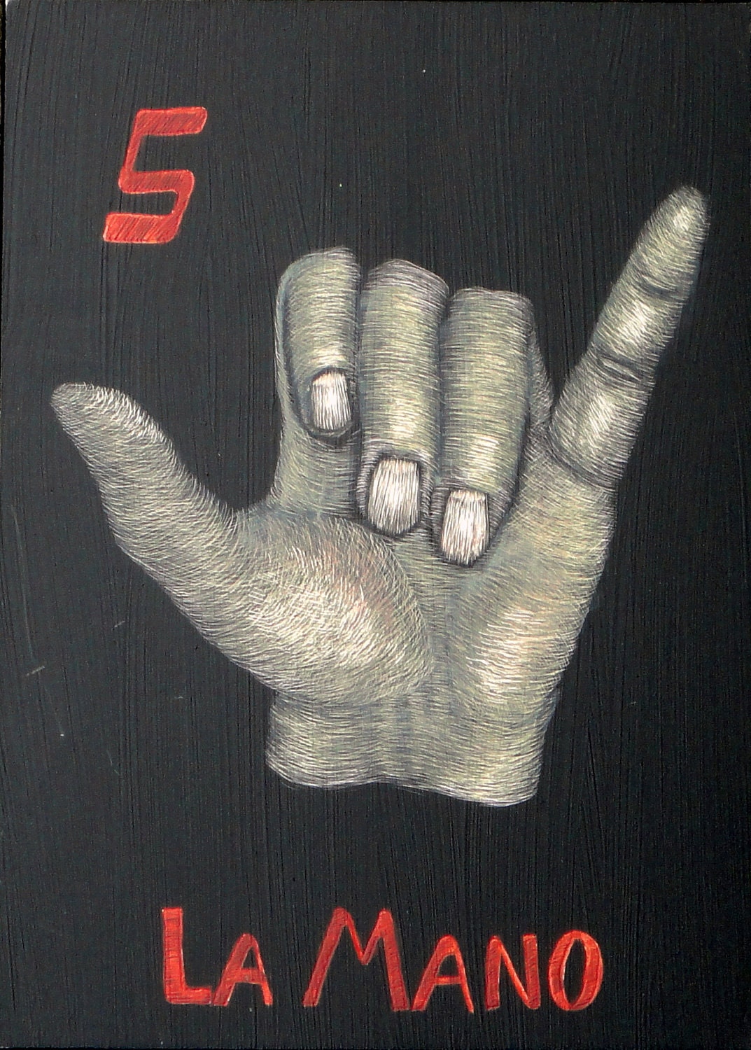 Hang Loose Loteria inspired scratchboard hand portrait
