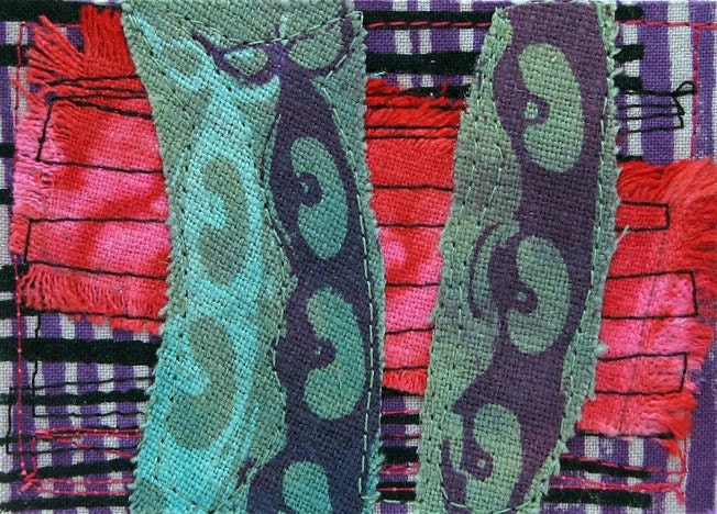 Original fiber art ACEO collage - Bean Pods