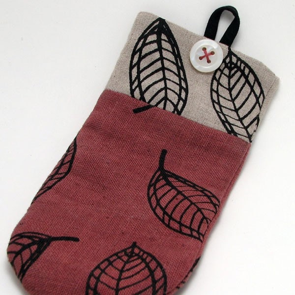 Linen fabric sunglasses case - screenprinted leaf