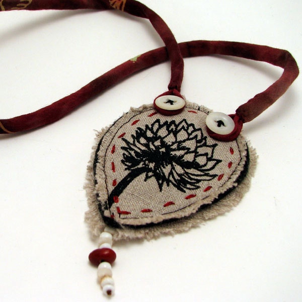 Original fiber art clover flower necklace with lucky bean