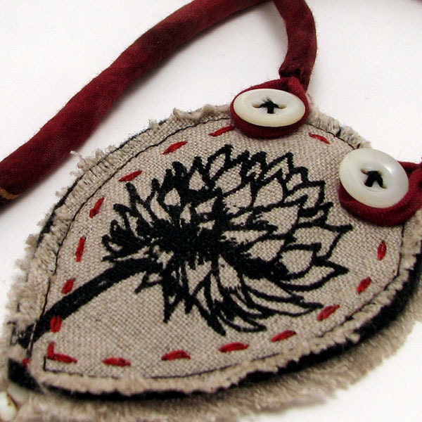 Original fiber art clover flower necklace with lucky bean
