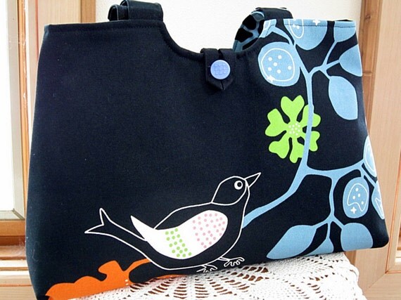 Handbag Purse Tote in  Bird on a Branch in Black Vintage Button Made in the USA