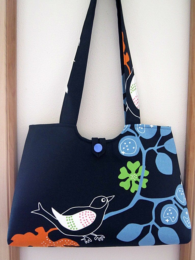 Handbag Purse Tote in  Bird on a Branch in Black Vintage Button Made in the USA