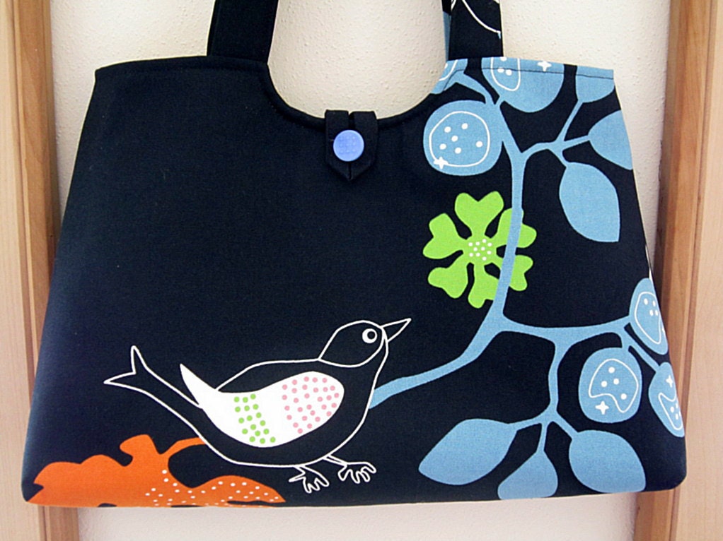 Handbag Purse Tote in  Bird on a Branch in Black Vintage Button Made in the USA