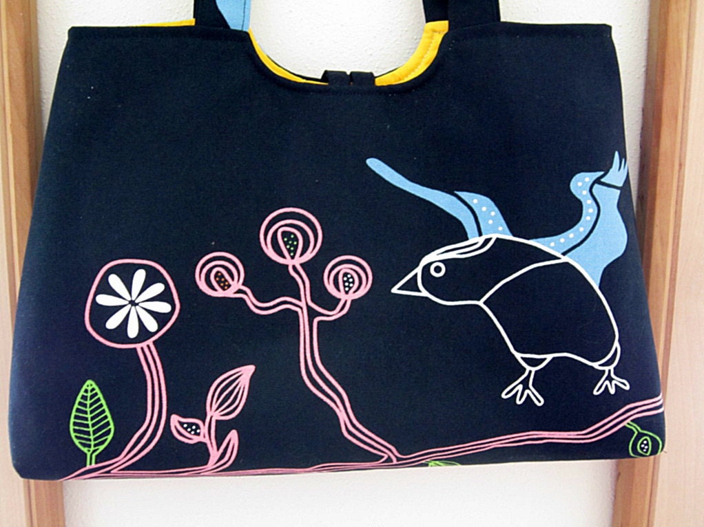 Handbag Purse Tote in  Bird on a Branch in Black Vintage Button Made in the USA