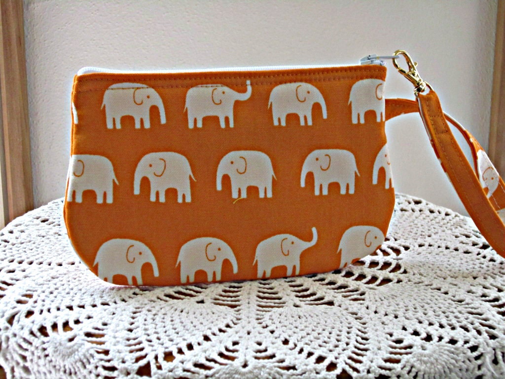 Clutch Wristlet Zipper Gadget Pouch White Elephants on Parade in Orange