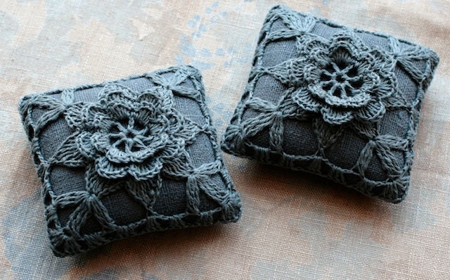 Linen  pincushion - crochet motif -- dark grey