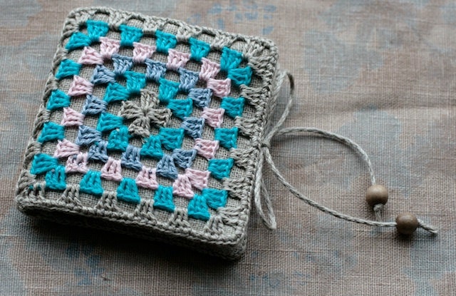 Small Linen Needle Book with Crochet detail -- Granny Square