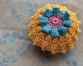 Linen  pincushion - crochet motif