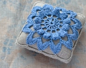 Linen  pincushion - crochet motif