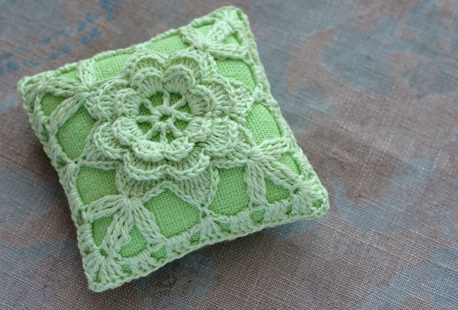 Linen  pincushion - crochet motif