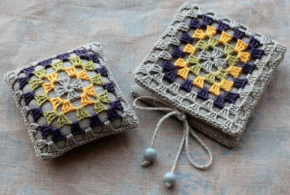 Gift set -- linen pincushion and needle book -- granny square