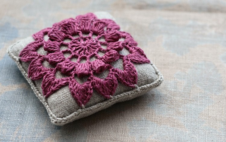 Linen  pincushion - crochet motif