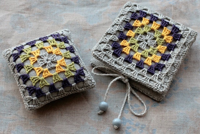 Gift set -- linen pincushion and needle book -- granny square