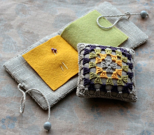 Gift set -- linen pincushion and needle book -- granny square