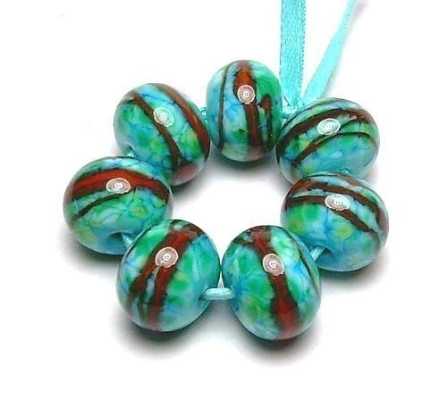Handmade Lampwork Glass Beads in Turquoise with Blues, Greens, and Coral set of 7 - Turquoise with Coral Swirls