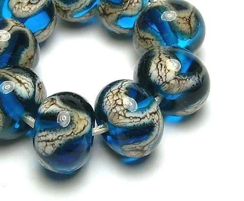 Handmade Lampwork Glass Beads in Silvered Ivory Waves on Dark Aqua - Silvered Aqua set of 9