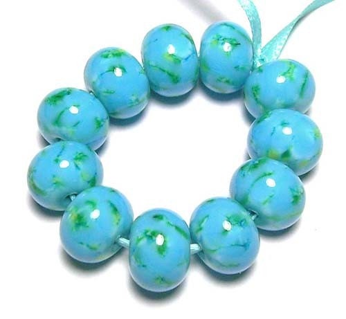 Handmade Lampwork Glass Beads SRA in Turquoise with Sky Blue on Green - Turquoise Stones