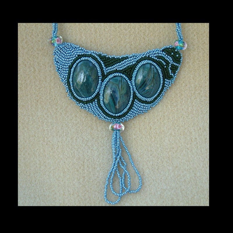 Roses in Moonlight - Artisan Handmade Bead Embroidered Necklace - ON SALE