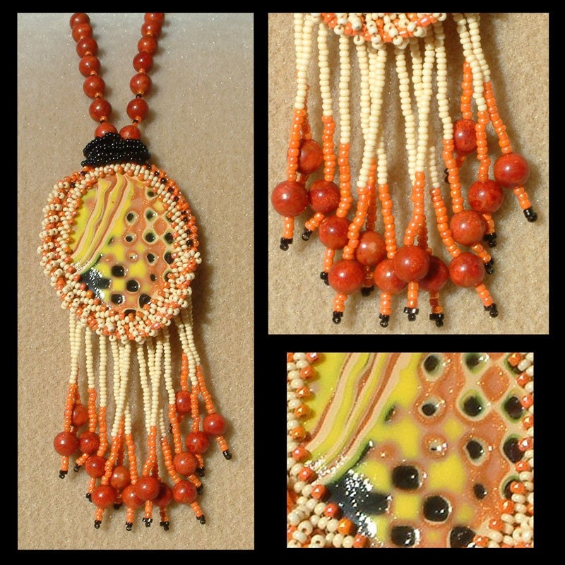 Burnt Orange Mokume - Artisan Handmade Bead Woven Polymer Clay Necklace