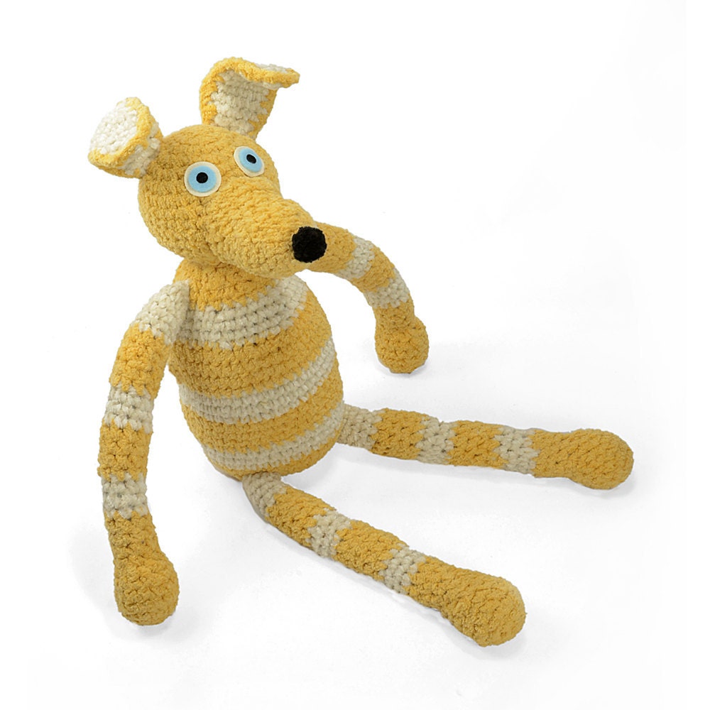 leonard - lemon yellow white striped plush crocheted dog softie