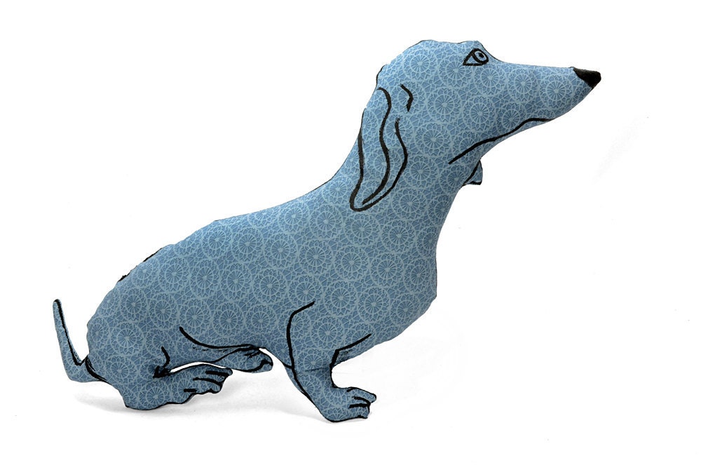 blue circular lattice patterned dachshund dog shaped pillow softie