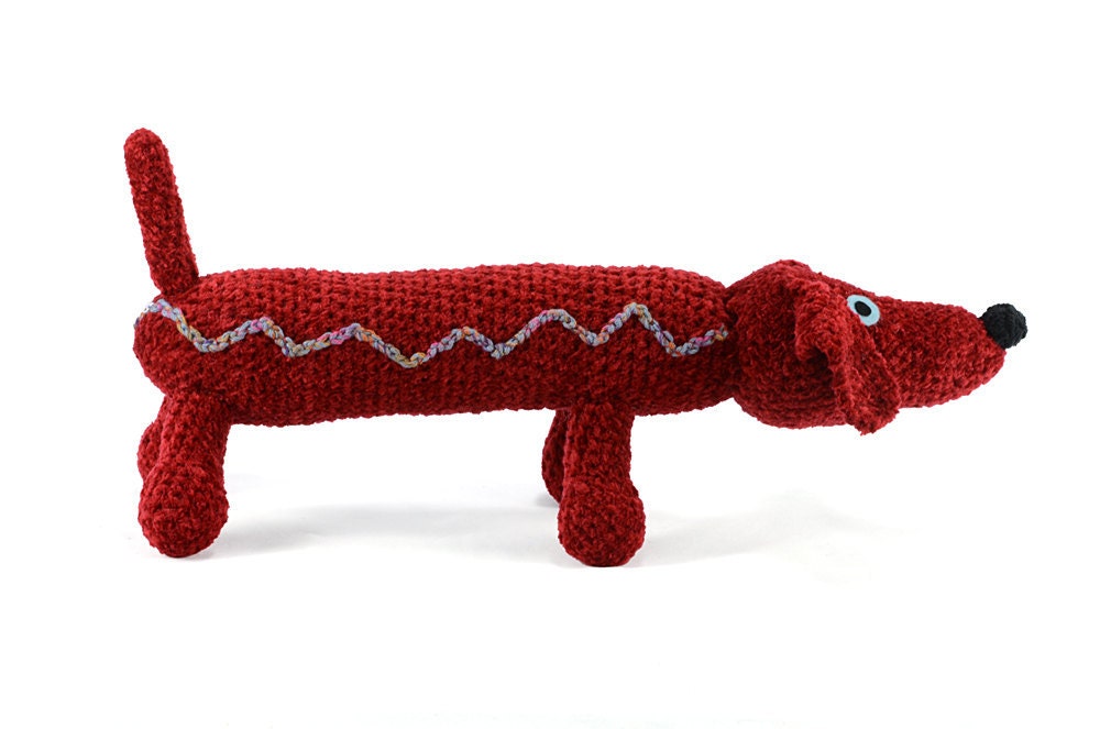 denny - red chenille crocheted dachshund plush dog softie