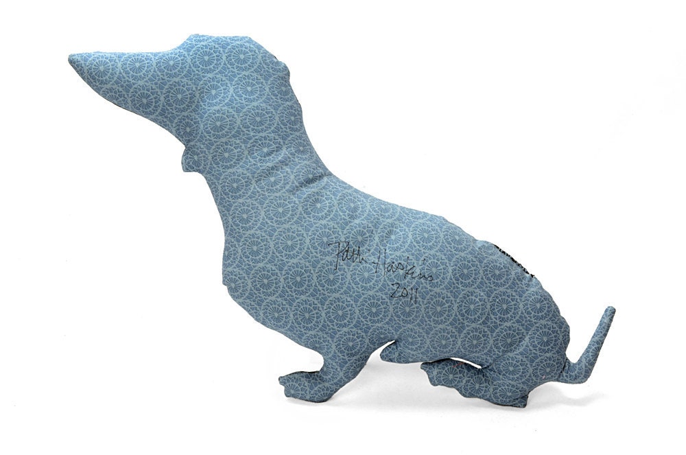 blue circular lattice patterned dachshund dog shaped pillow softie