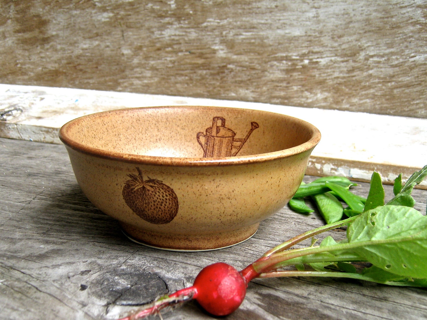 Small Stoneware Bowl - Strawberries and Watering Can