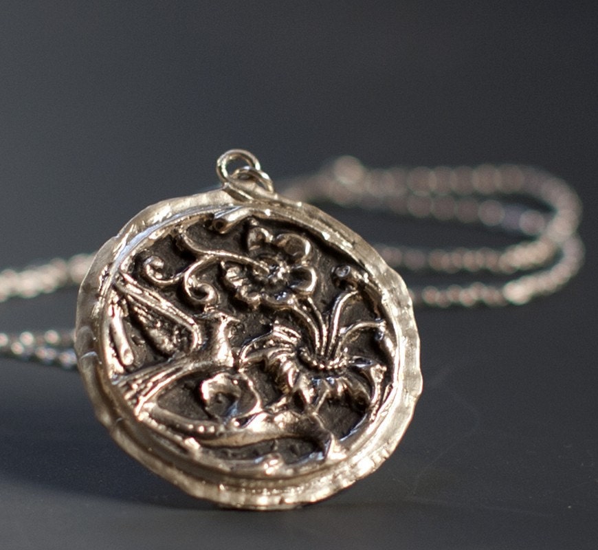 Passion flower and bird medallion, sterling silver pendant, made to order