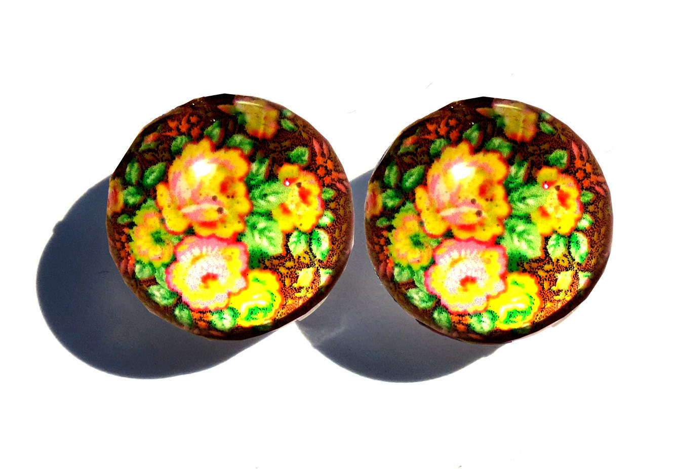 Flower Post Earrings. Art, Resin, and Glass, Flower Stud Post Earrings: Vintage Garden