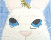 White Rabbit Art Illustration 5x7 Print, Bunny with Blue Eyes and Butterfly On Head