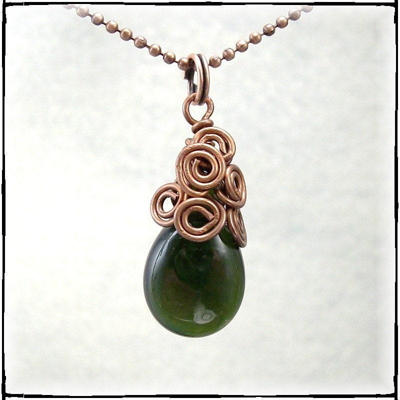 Hunter Green Lampwork Necklace Topped With Copper Swirls