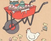 red wheelbarrow beside the white chickens.  with cake.