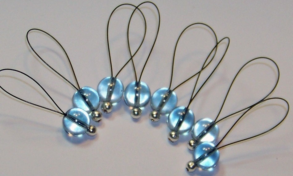 Blue Czech Glass SnagFree Knitting Stitch Markers Set of 8 Large