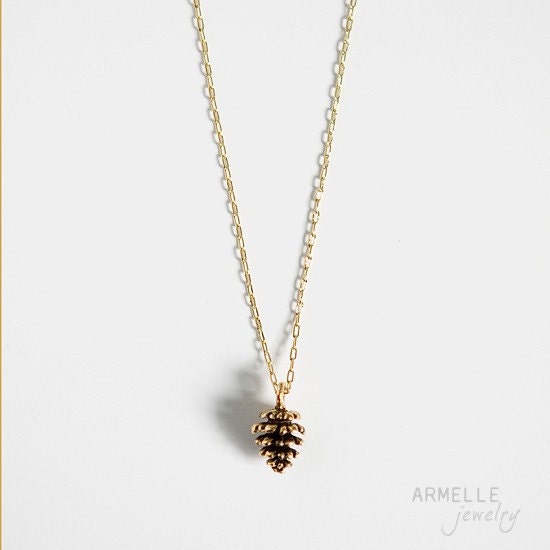 pine cone charm necklace .        gold plated chain     .