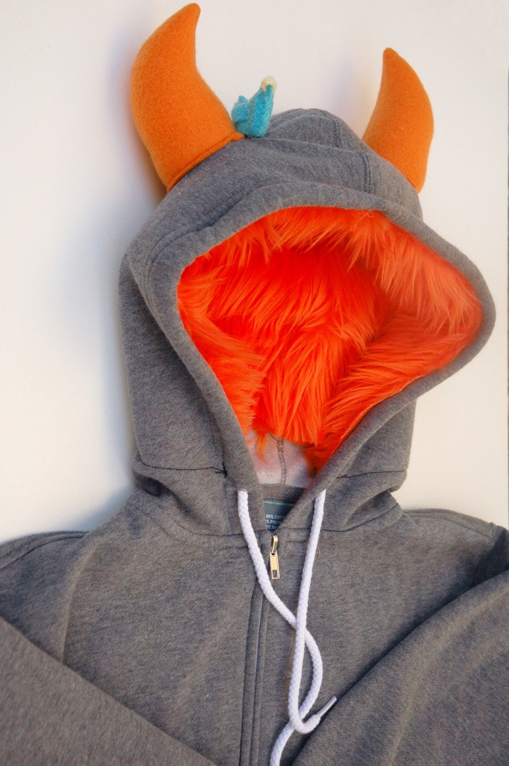 My (Big) Monster Hoodie  - Gray and orange - Adult Unisex Medium - monster hoodie, horned sweatshirt, adult jacket