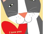 cat card sweet  gray cat with red heart I love you