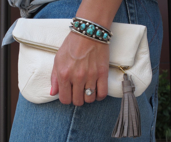 Ivory Leather Clutch w/ Grey Leather Tassel